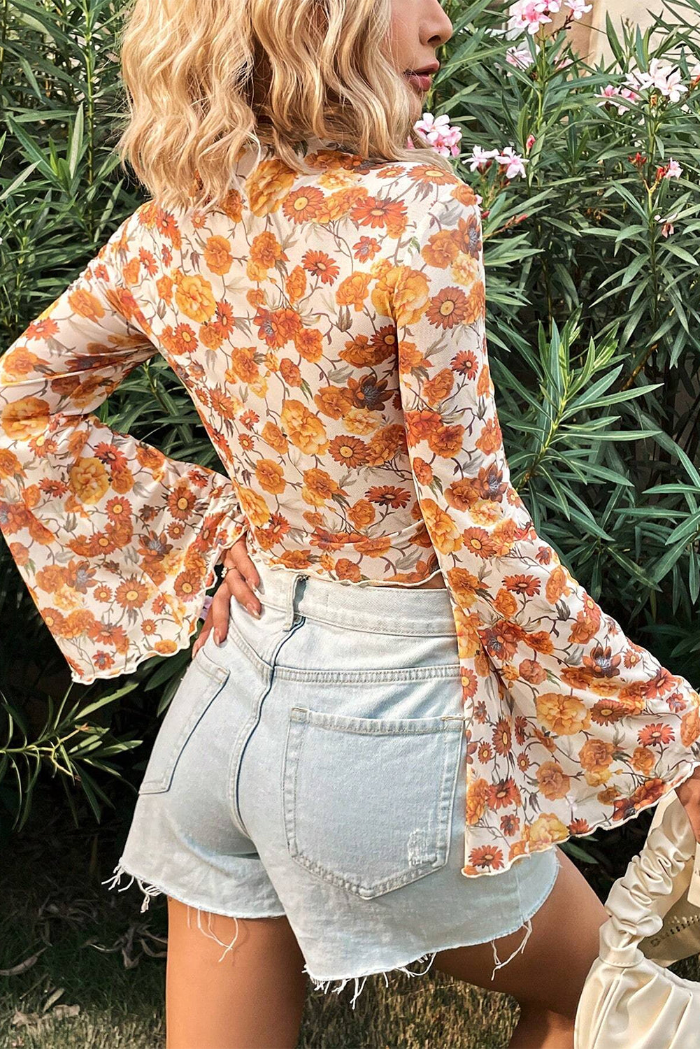 Floral  Sleeve Mock Neck  Trim