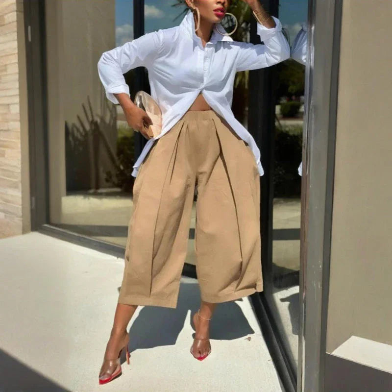 Women's Solid Color Cotton Wide Leg Cropped Pant