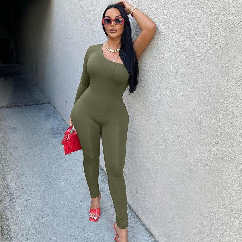 Celeste Single Shoulder Sleeve Solid Color Tight Hip Lift Jumpsuit - Vestir en Moda