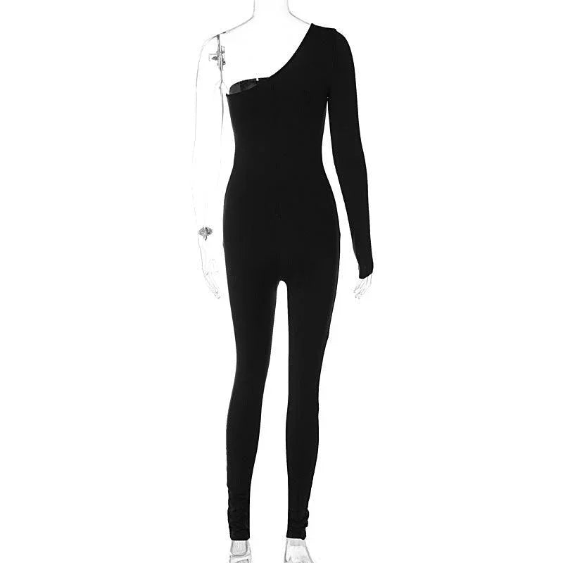 Celeste Single Shoulder Sleeve Solid Color Tight Hip Lift Jumpsuit - Vestir en Moda