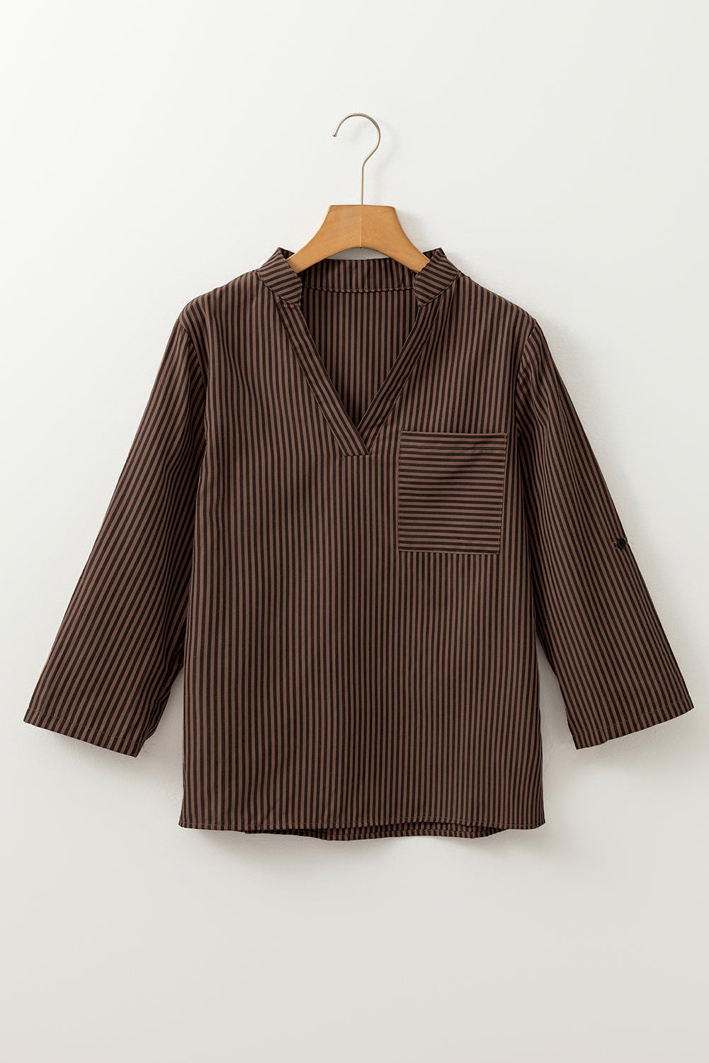 Brown Stripe V Neck Roll Up Sleeve Pocket Classic