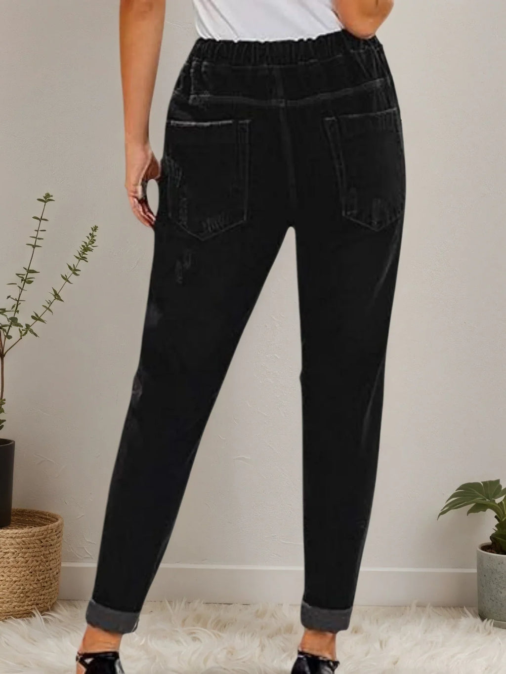 Women’s Distressed Stretch Jeans – Casual Elastic Waist Denim Joggers
