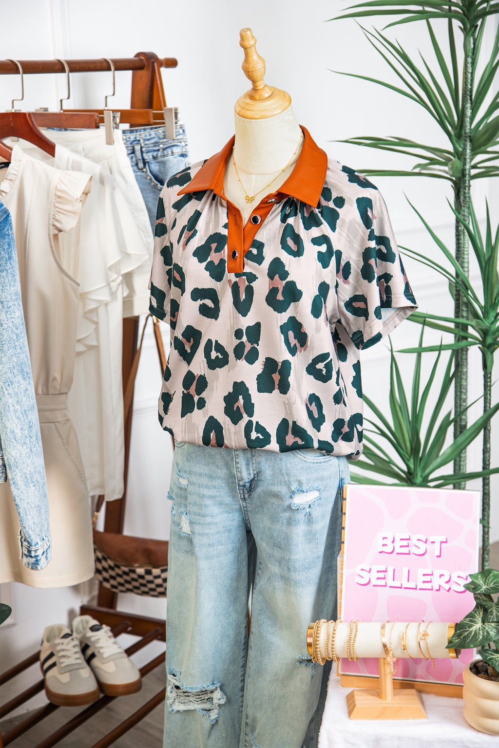 Casual Leopard Print contrast Collared  Sleeve