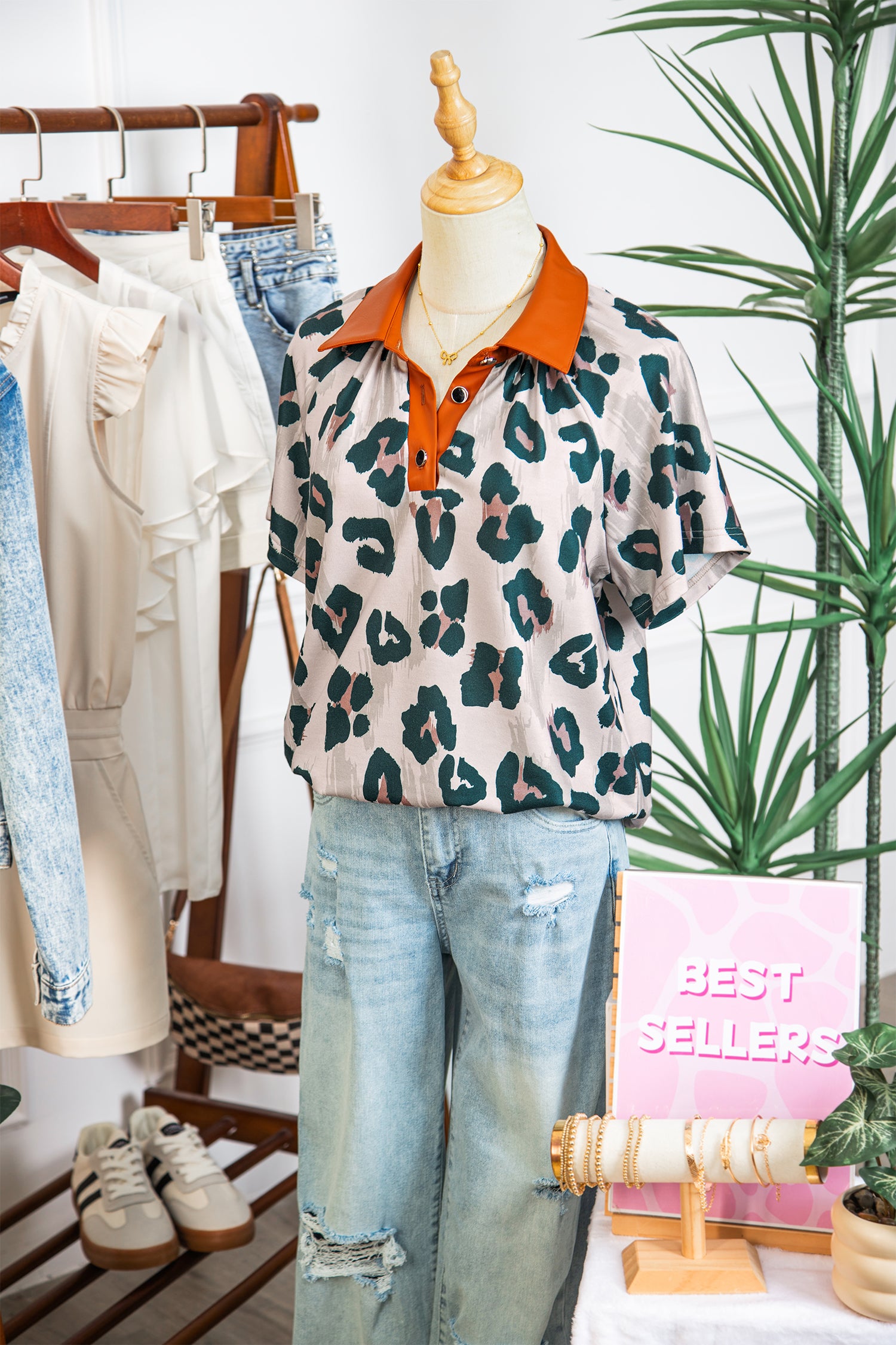 Casual Leopard Print contrast Collared  Sleeve