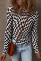 Carla Black Checkered Pattern Mesh Mock Neck Long Sleeve Top