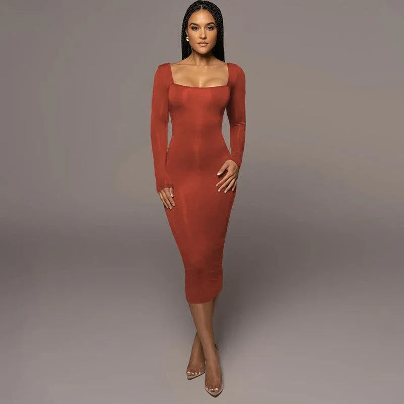 Chenoa Slim Square Collar Long Sleeve Dresses - Vestir en Moda