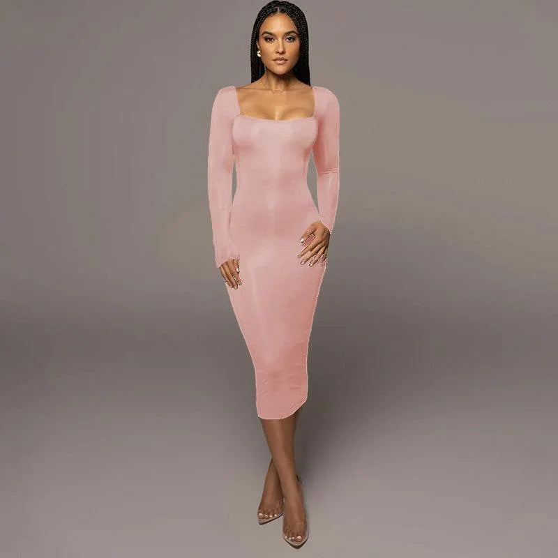 Chenoa Slim Square Collar Long Sleeve Dresses - Vestir en Moda