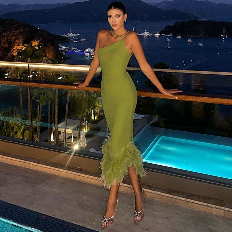 Clara One Shoulder Halter Fur Swing Slim Fit Maxi Dress - Vestir en Moda