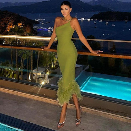 Clara One Shoulder Halter Fur Swing Slim Fit Maxi Dress - Vestir en Moda