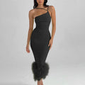 Clara One Shoulder Halter Fur Swing Slim Fit Maxi Dress - Vestir en Moda