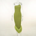 Clara One Shoulder Halter Fur Swing Slim Fit Maxi Dress - Vestir en Moda