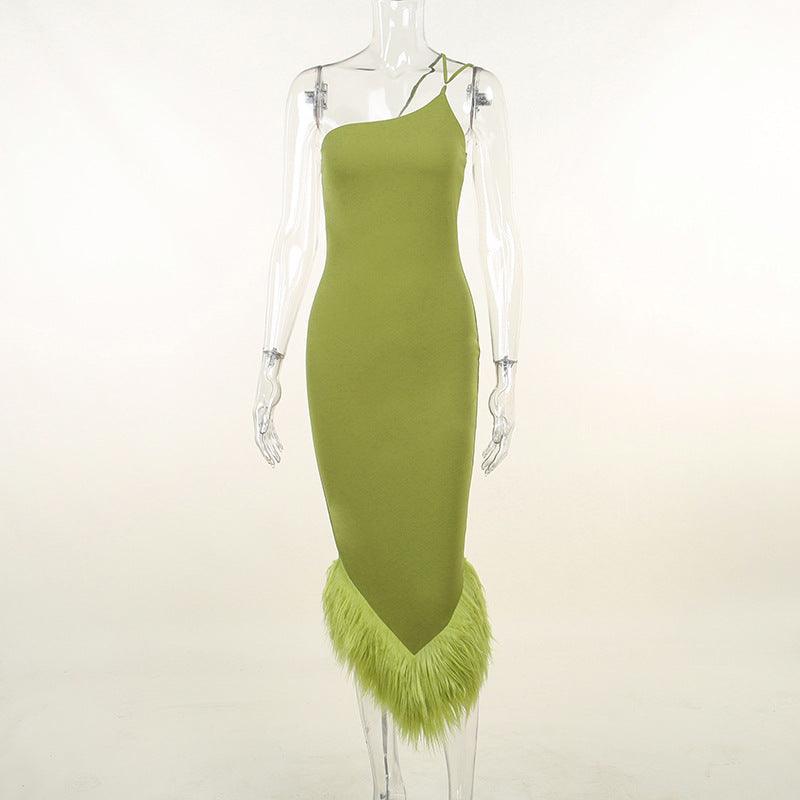 Clara One Shoulder Halter Fur Swing Slim Fit Maxi Dress - Vestir en Moda