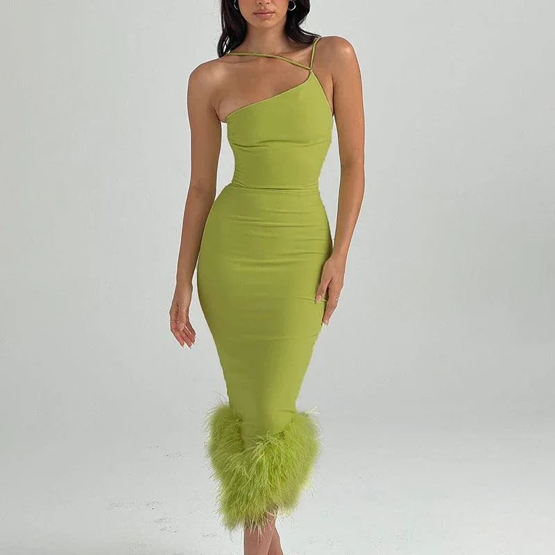 Clara One Shoulder Halter Fur Swing Slim Fit Maxi Dress - Vestir en Moda