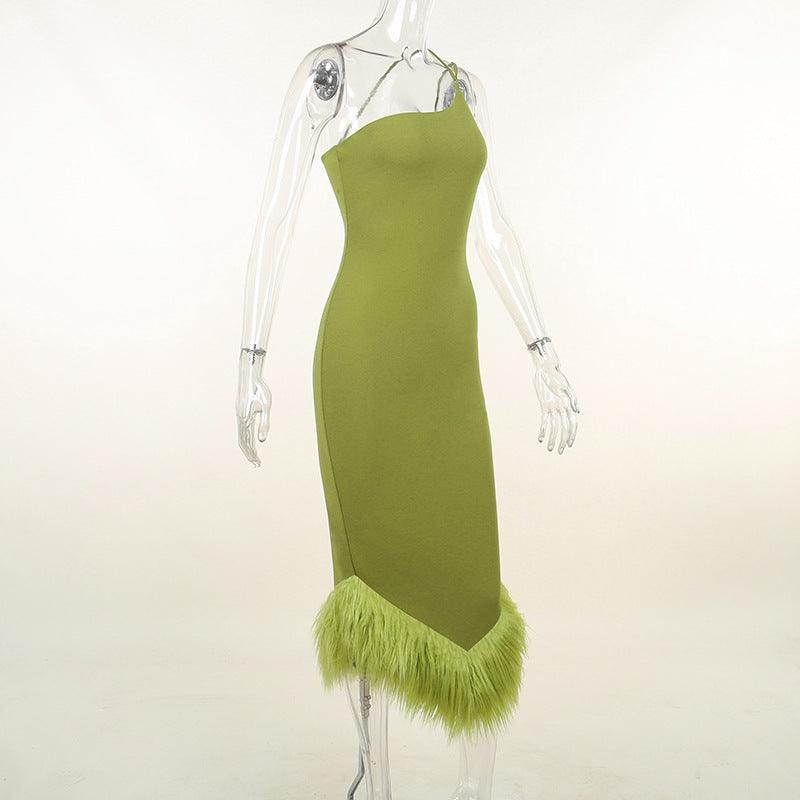 Clara One Shoulder Halter Fur Swing Slim Fit Maxi Dress - Vestir en Moda