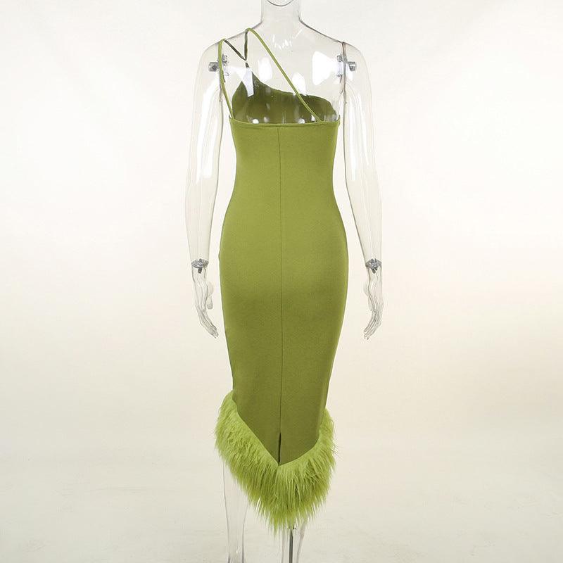 Clara One Shoulder Halter Fur Swing Slim Fit Maxi Dress - Vestir en Moda