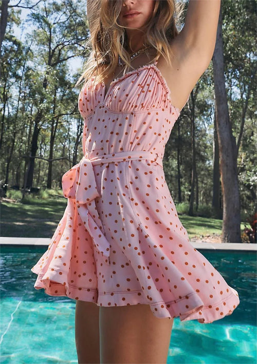 Clauddia Spring Pink Polka Dot Brace Lace up Backless Shorts Rompers - Vestir en Moda