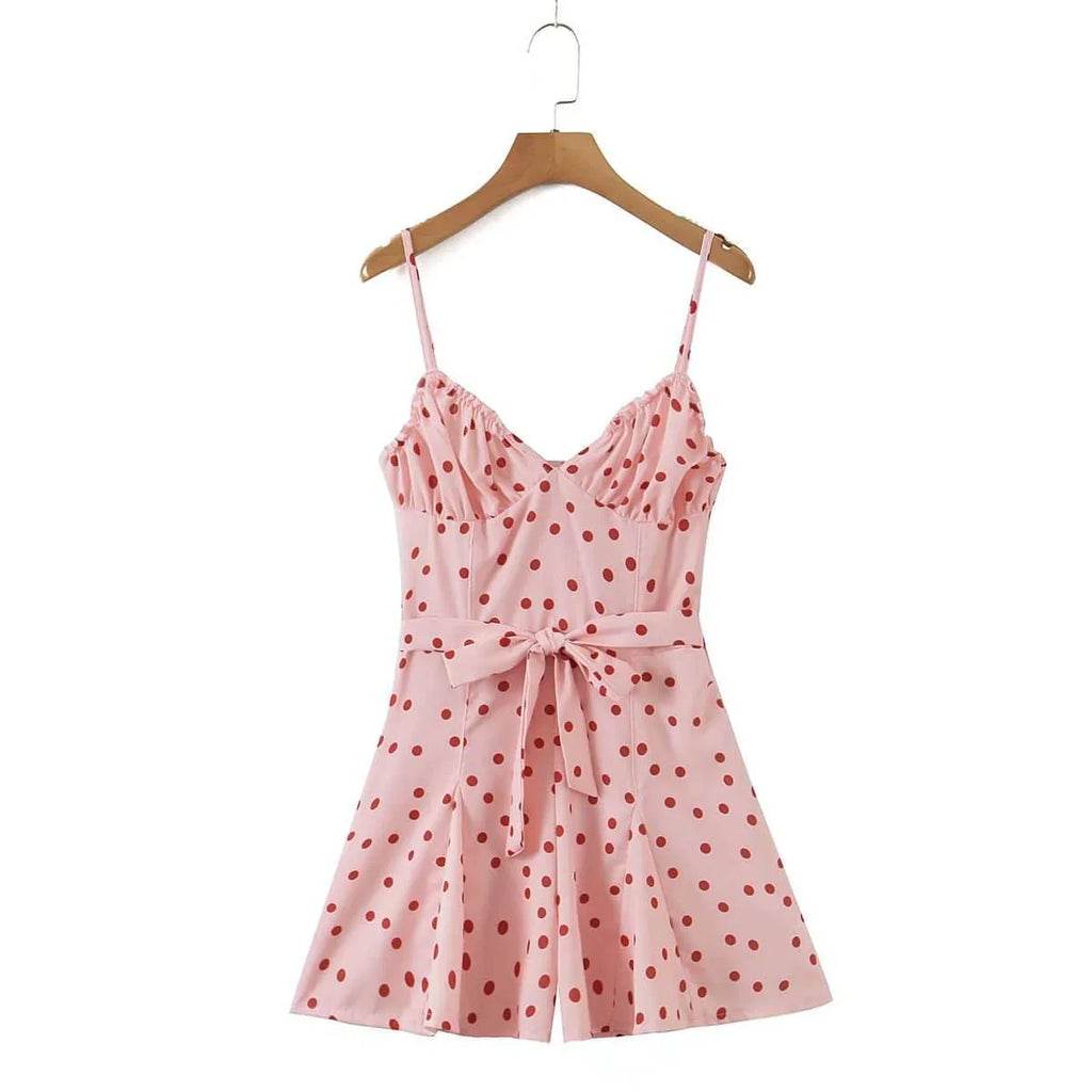 Clauddia Spring Pink Polka Dot Brace Lace up Backless Shorts Rompers - Vestir en Moda