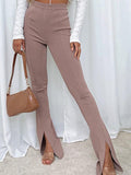 Colette Mid Waist Solid Color Slit Hem Flare Trousers - Vestir en Moda
