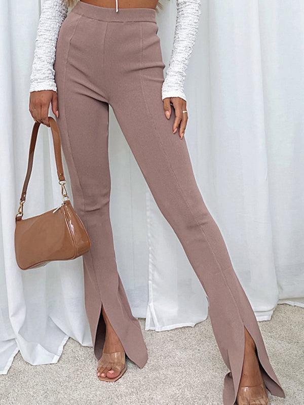 Colette Mid Waist Solid Color Slit Hem Flare Trousers - Vestir en Moda