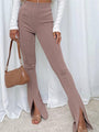 Colette Mid Waist Solid Color Slit Hem Flare Trousers - Vestir en Moda