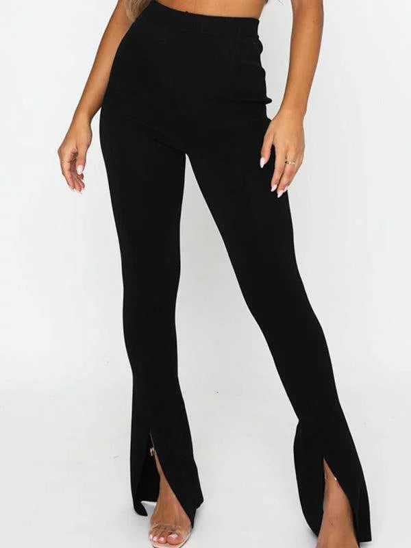 Colette Mid Waist Solid Color Slit Hem Flare Trousers - Vestir en Moda