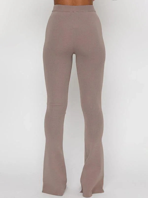Colette Mid Waist Solid Color Slit Hem Flare Trousers - Vestir en Moda