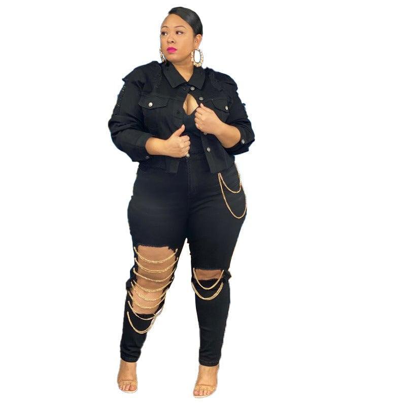 Cora Plus Size Pencil High Elastic Slim Hole Chain Wash Denim - Vestir en Moda