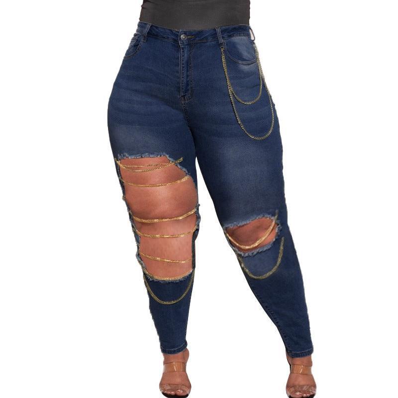 Cora Plus Size Pencil High Elastic Slim Hole Chain Wash Denim - Vestir en Moda