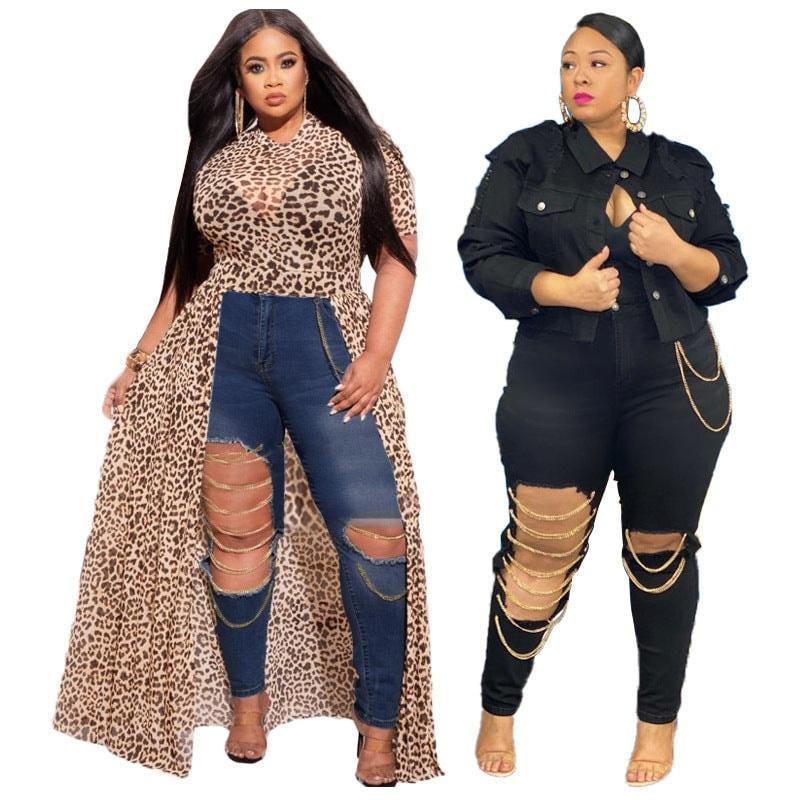Cora Plus Size Pencil High Elastic Slim Hole Chain Wash Denim - Vestir en Moda