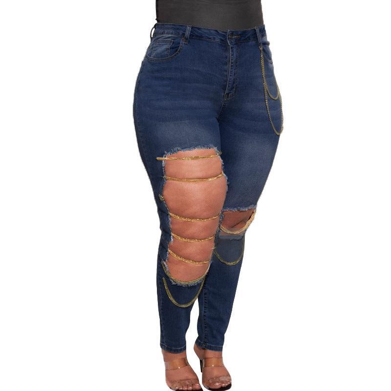 Cora Plus Size Pencil High Elastic Slim Hole Chain Wash Denim - Vestir en Moda