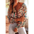 Coral V neck Abstract Printing Long Sleeve Pullover Shirt - Vestir en Moda