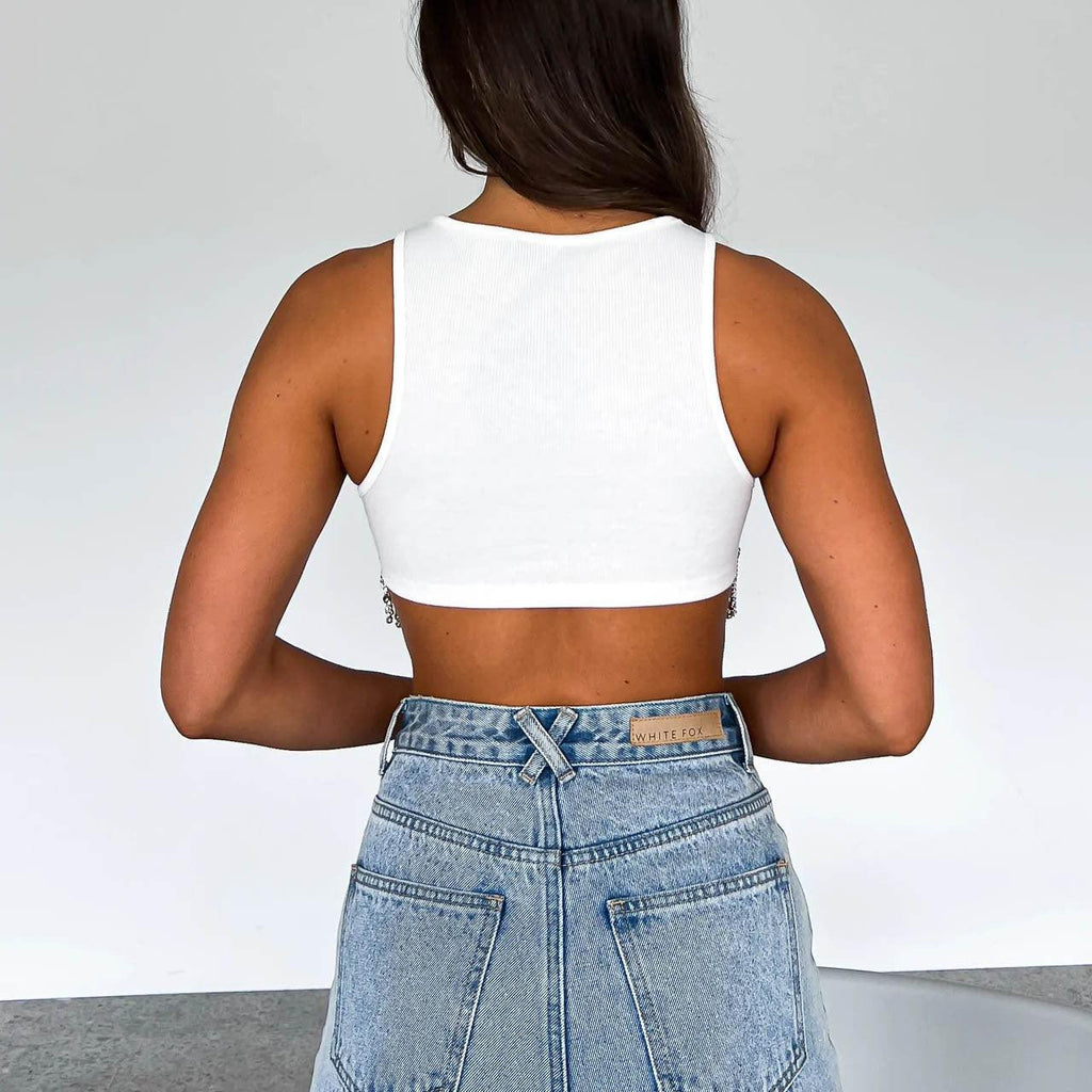 Criss Neck Sunken Stripe Short Cropped Sleeveless Top - Vestir en Moda