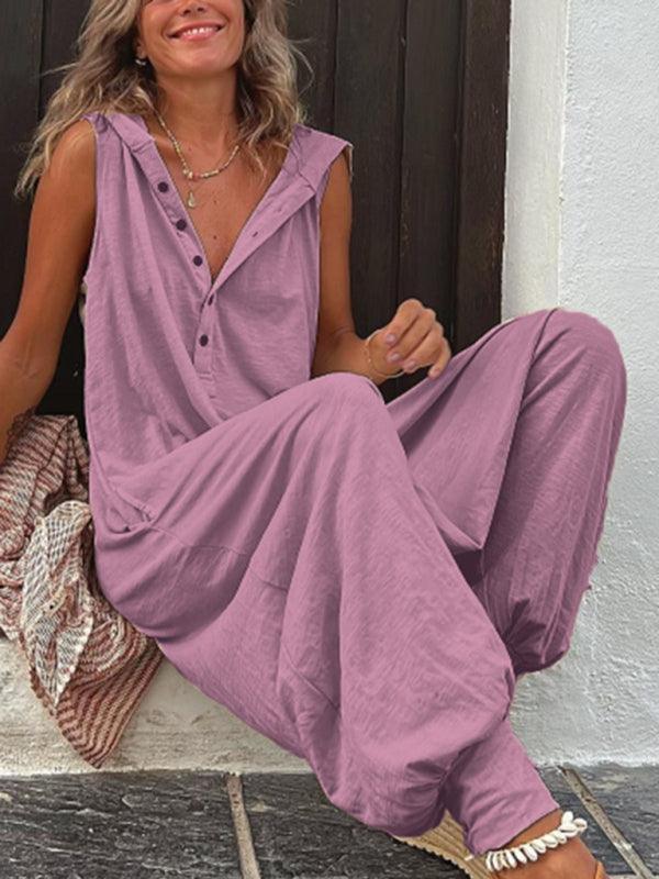 Cristina Women Solid Color Button Hooded Sleeveless Jumpsuits - Vestir en Moda