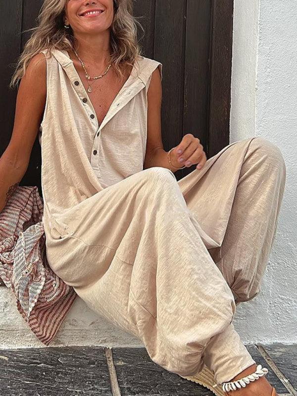 Cristina Women Solid Color Button Hooded Sleeveless Jumpsuits - Vestir en Moda
