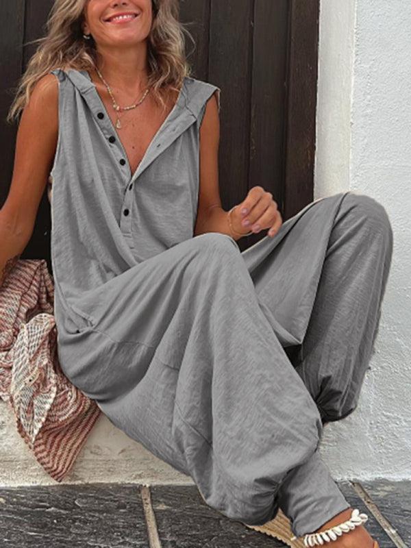 Cristina Women Solid Color Button Hooded Sleeveless Jumpsuits - Vestir en Moda