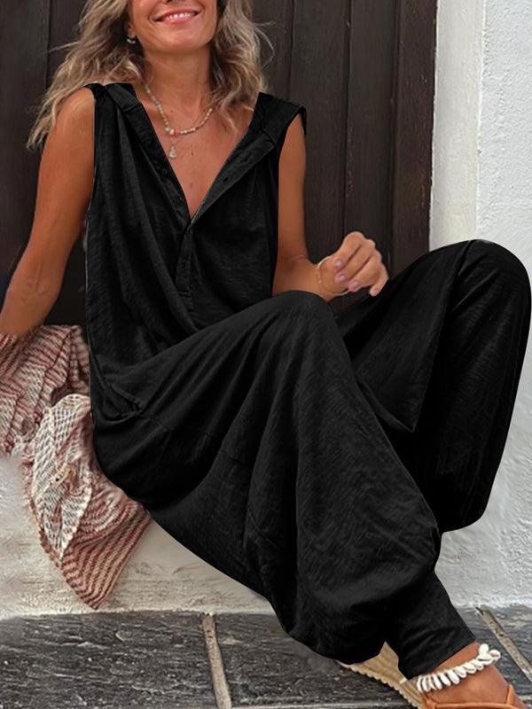 Cristina Women Solid Color Button Hooded Sleeveless Jumpsuits - Vestir en Moda