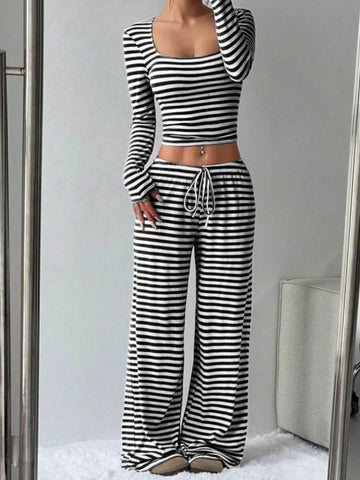 Laura Striped Long Sleeve Crop Two Piece Sets