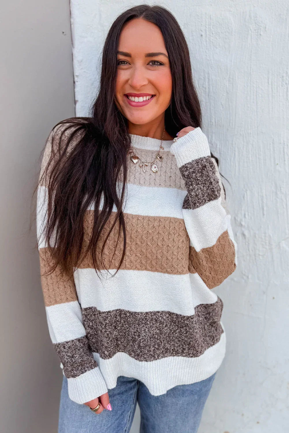 Brown Mixed Texture Knit Striped Colorblock Loose Sweater