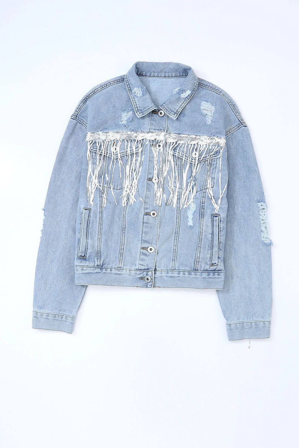 Blue Sequined Fringe Distressed Button Up Jacket