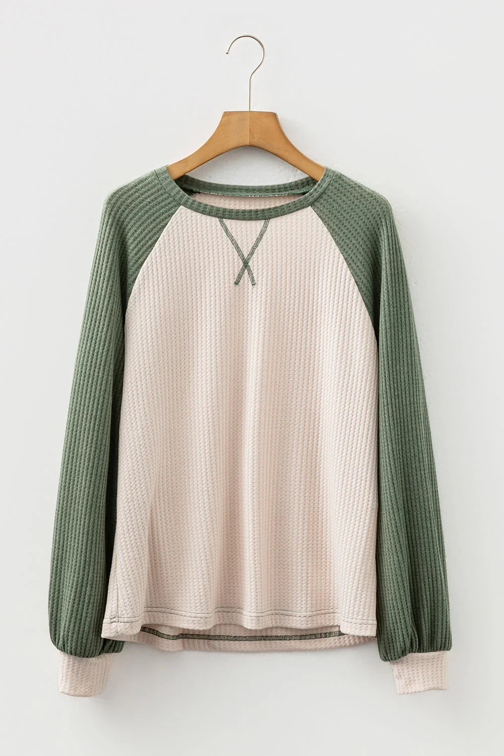 Camel Waffle Color Block Raglan Sleeve Top