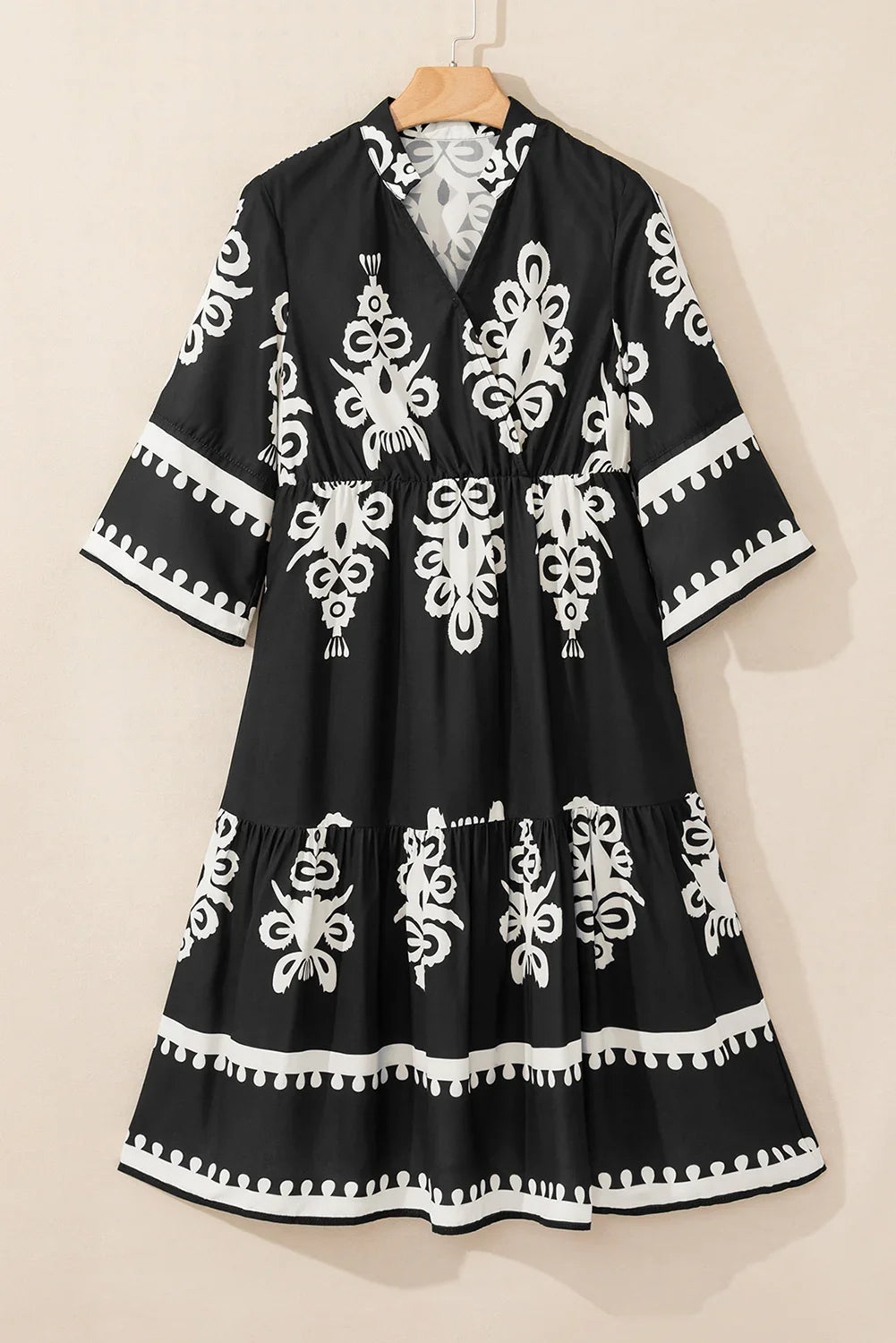 Rubie Black Western Geometric Print 3/4 Sleeve Loose Midi Dress