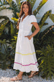 Londra White Colorblock Rickrack Trim Short Sleeve Drawstring Waist Long Dress