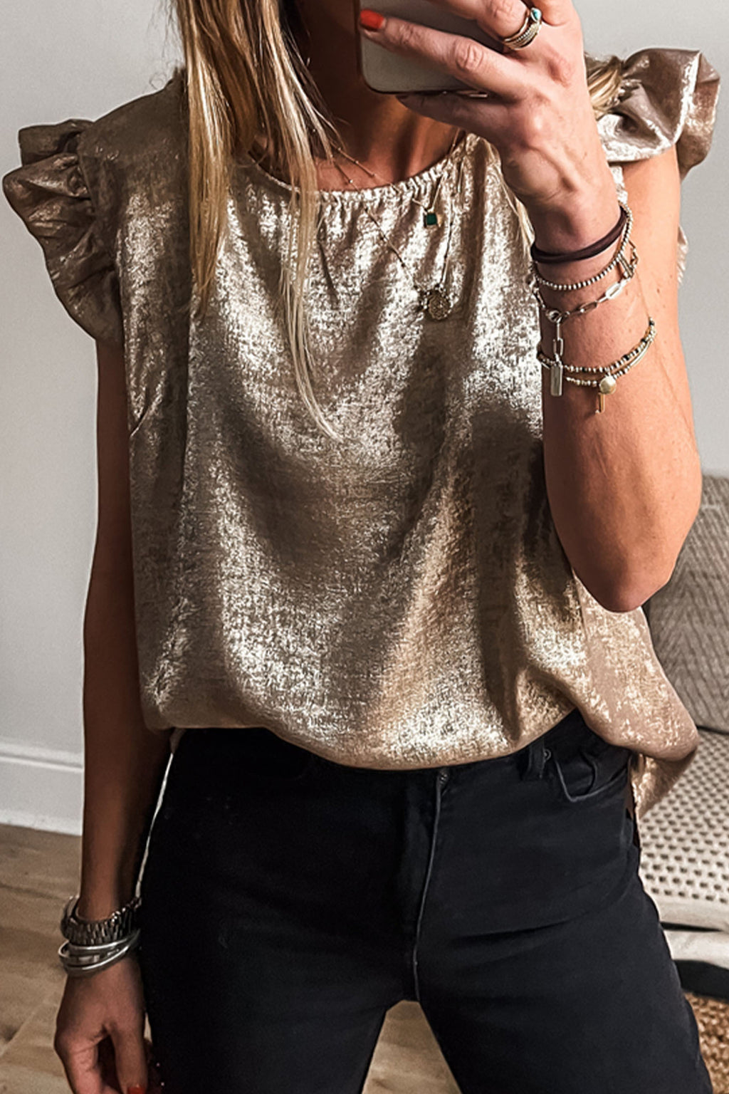 Metallic Round Neck Ruffle Trim