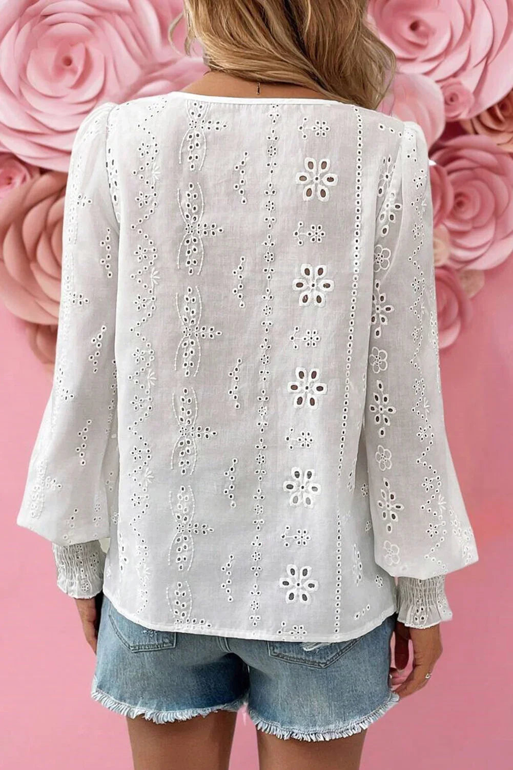 White Eyelet Embroidered Smocked Cuffs Blouse
