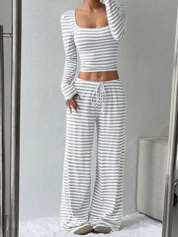 Laura Striped Long Sleeve Crop Two Piece Sets
