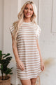 Soho Khaki Stripe Round Neck Sleeveless Casual Pocketed Mini Dress