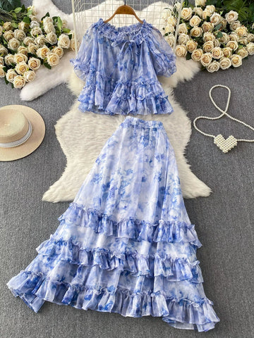 Amelia Floral Print Ruffle Hem Two Piece Sets
