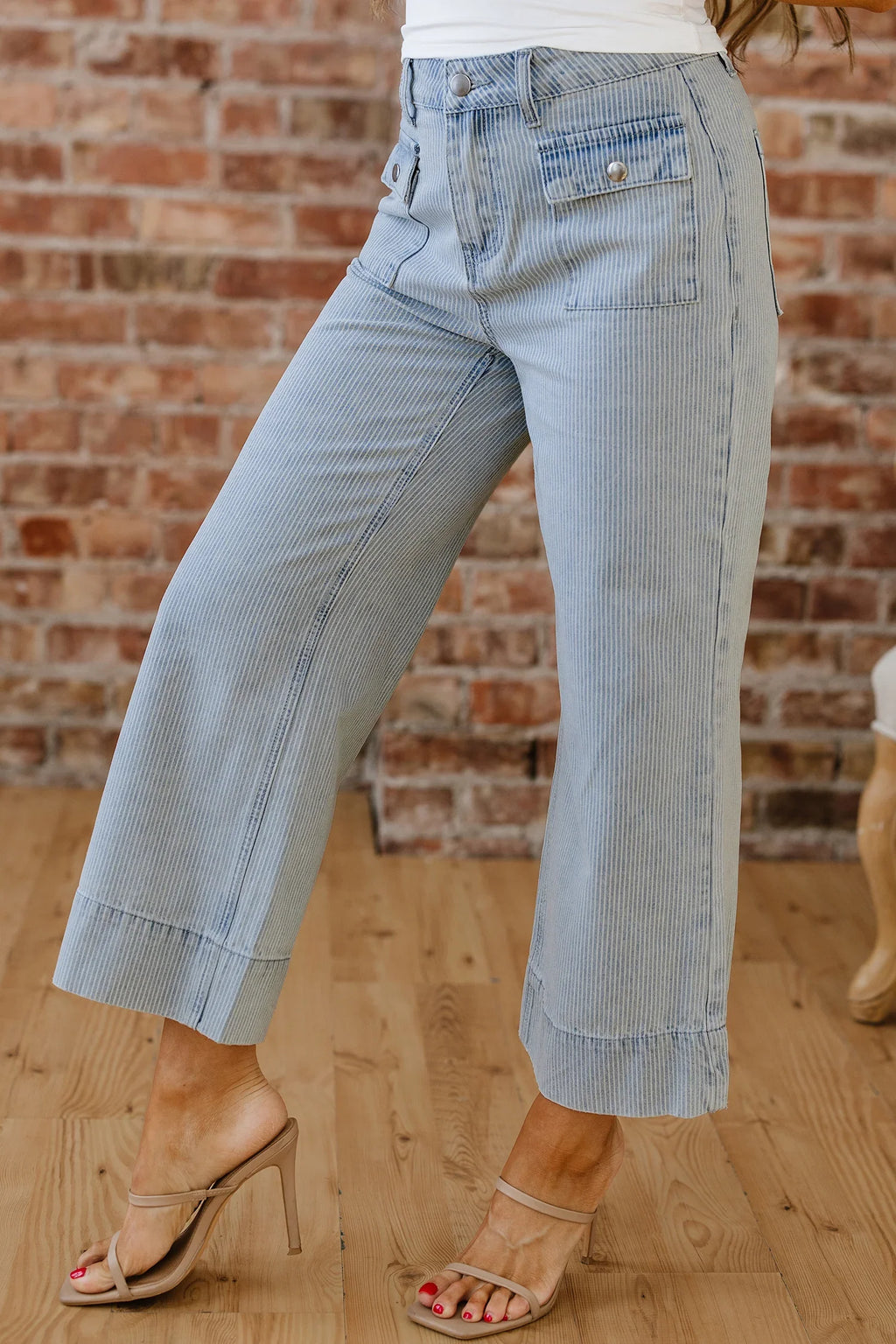 Betsie Sky Blue Stripe Button Flap Pocket Cuffed Hem Wide Leg Jeans