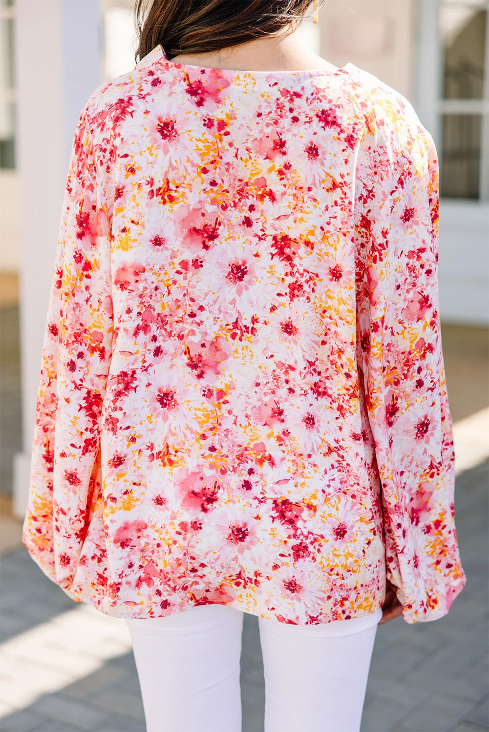 Pink Floral Bubble Sleeve V Neck Blouse