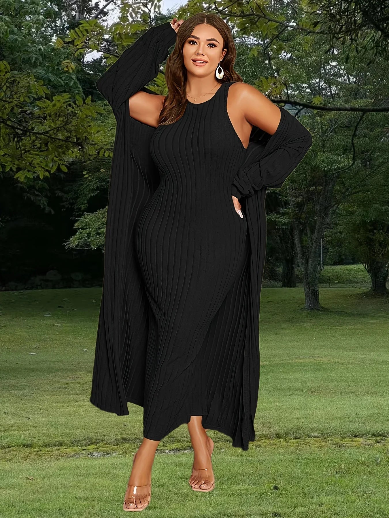 Plus Size Ribbed Cardigan Cap Elegant Two Piece Set